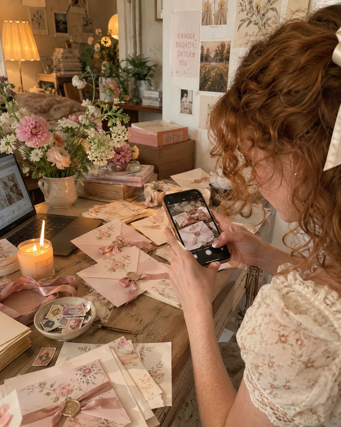Packing Dear Daydream envelopes at a cozy desk